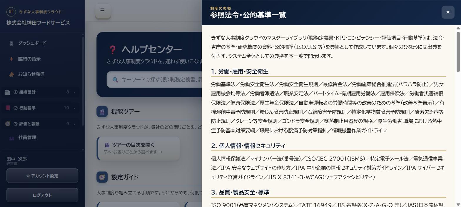 制度の典拠、参照法令・公的基準一覧の画面。労働・雇用・安全衛生など14の分類に分けて法令名が並んでいる
